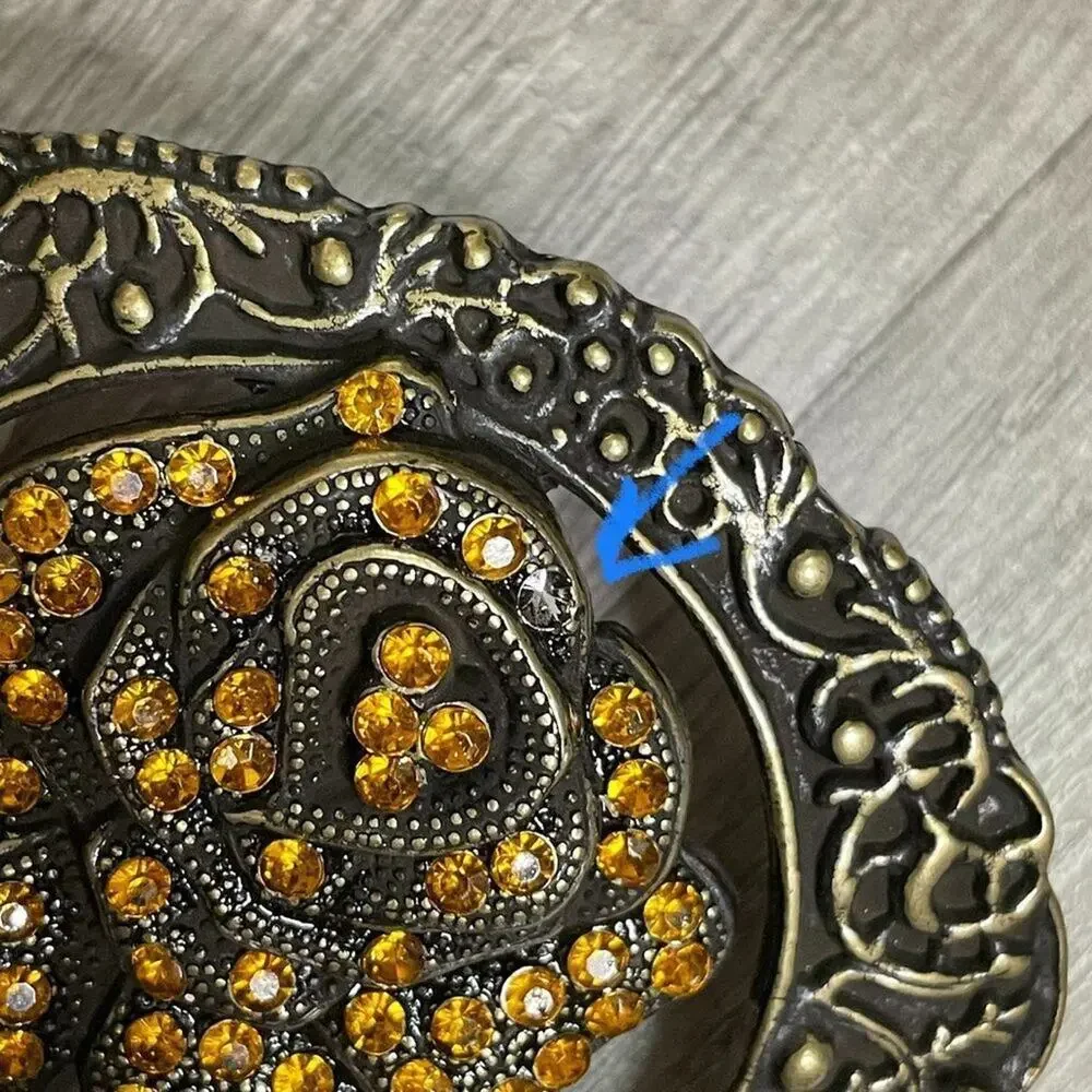 Brown Leather Belt Statement Rose Rhinestone Buckle Medium
